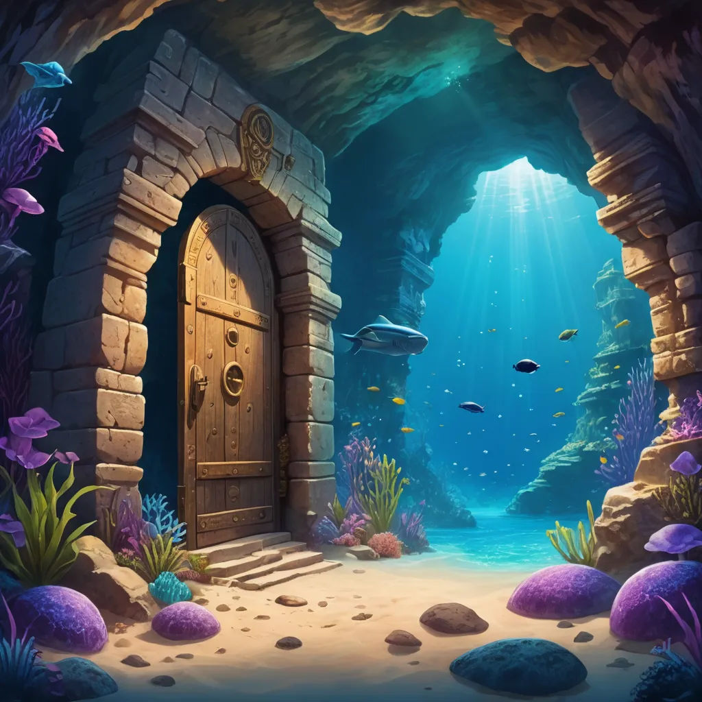 a cave with a door and a fish swimming in it and a light coming from the door is shining, fantasy art, a detailed matte painting, David Martin, rossdraws global illumination