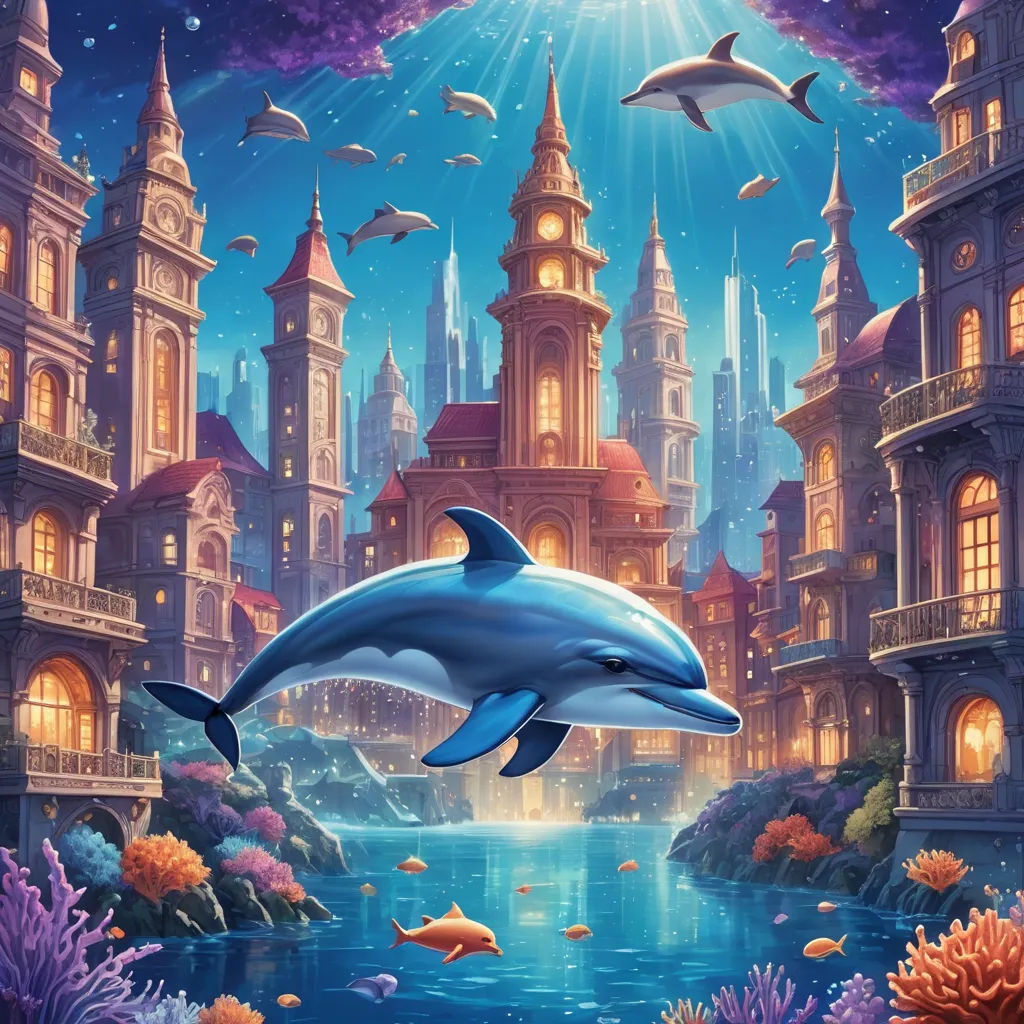 a dolphin is swimming in the water near a castle and a city with dolphins in it and a fish in the water, fantasy art, an airbrush painting, Chris LaBrooy, fantasy artwork