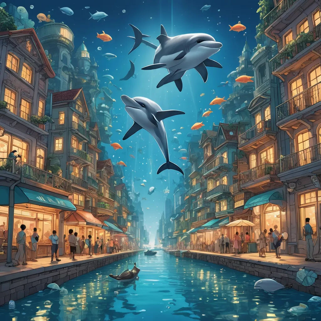 a painting of two dolphins swimming in a river in a city at night with people standing on the side of the river, magic realism, a detailed matte painting, Cyril Rolando, kinkade