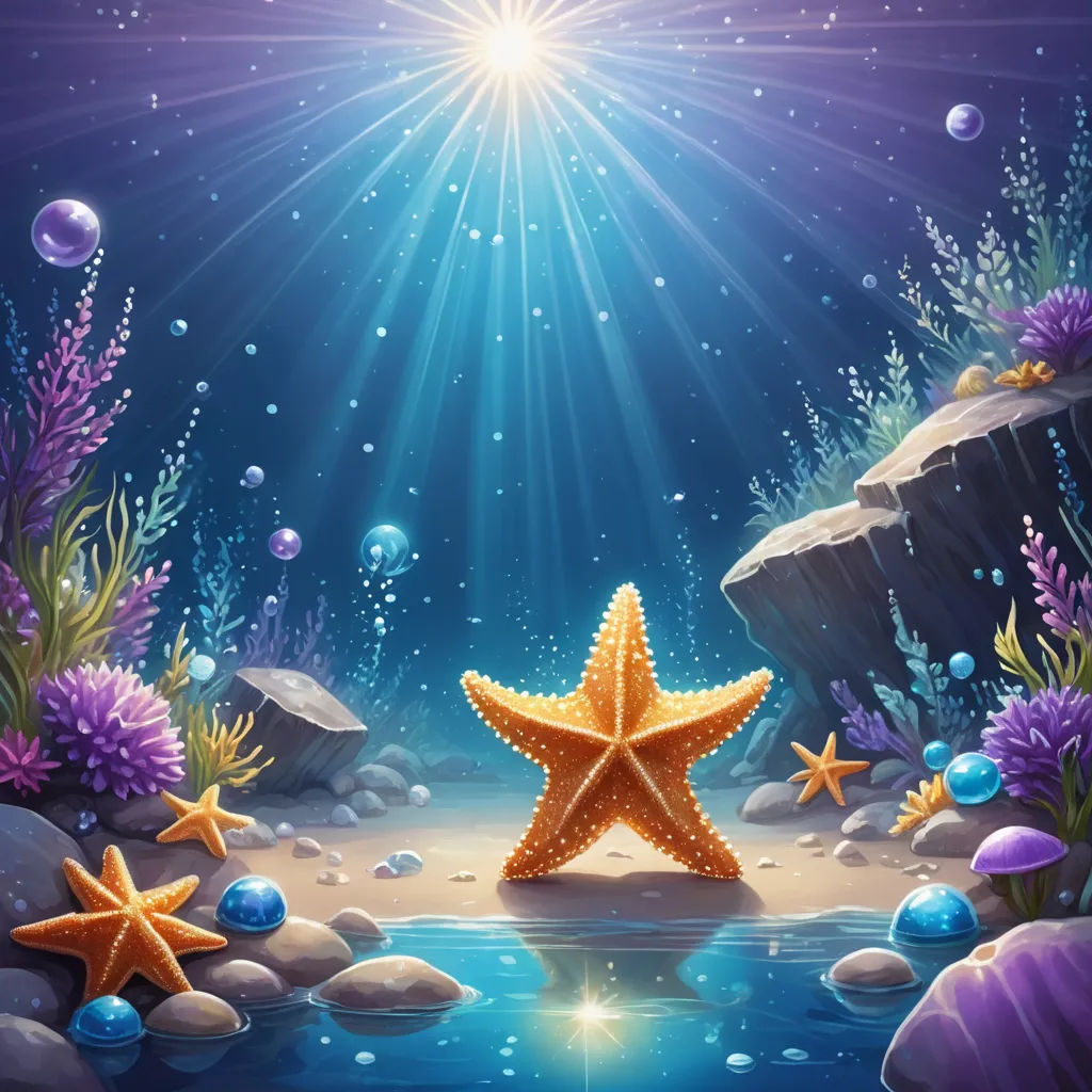 a starfish and other marine life in a blue ocean scene with rocks and bubbles and bubbles on the water, fantasy art, an airbrush painting, Anne Stokes, highly detailed digital painting