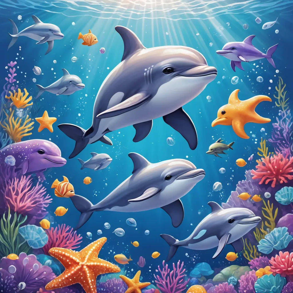 a group of dolphins swimming in the ocean with starfish and corals around them, under water with sunbeams, pop surrealism, a digital painting, David Martin, highly detailed digital painting