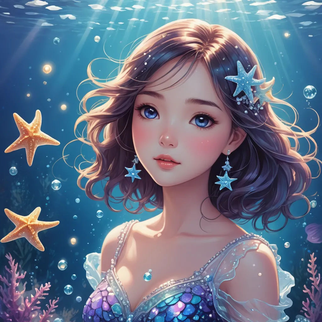 a girl with blue eyes and a tiara under the water with stars and bubbles on her hair, under the water is a starfish, fantasy art, a detailed painting, Anne Stokes, ocean