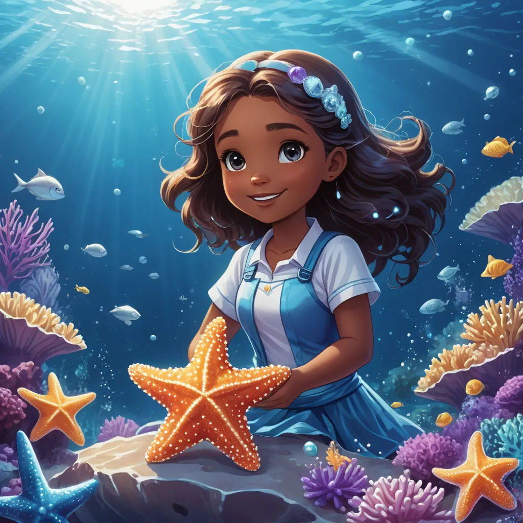 a cartoon girl is sitting on a rock with a starfish in her hand and a fish in her hand, magical realism, a storybook illustration, Araceli Gilbert, official art