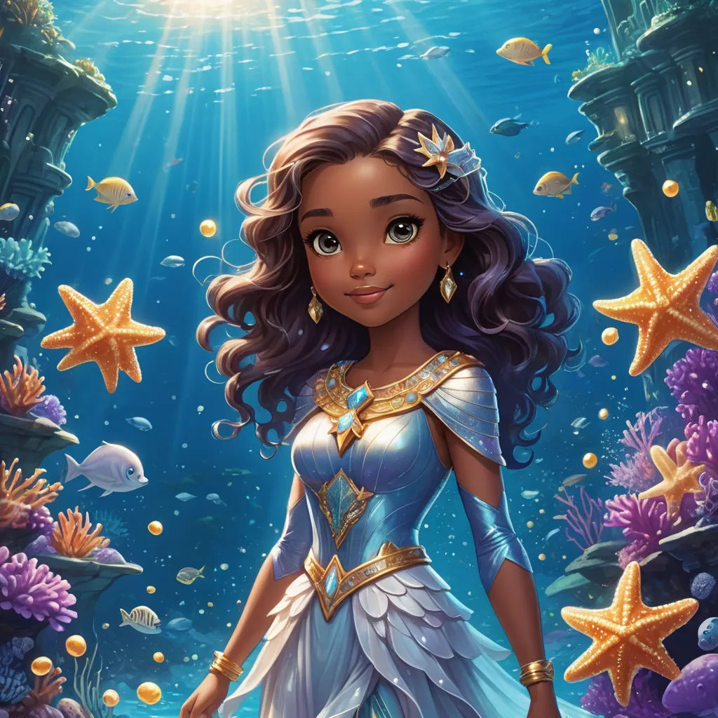 a beautiful young girl in a blue dress standing under the water with starfish and fish around her neck, fantasy art, concept art, Cliff Childs, official art