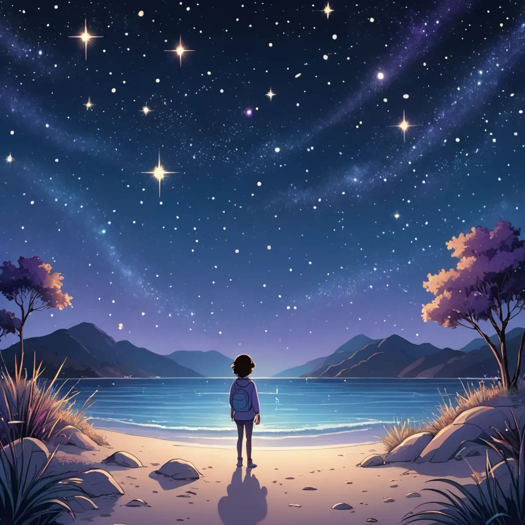 a person standing on a beach under a night sky with stars above the water and mountains in the background, space art, a storybook illustration, Cyril Rolando, stars