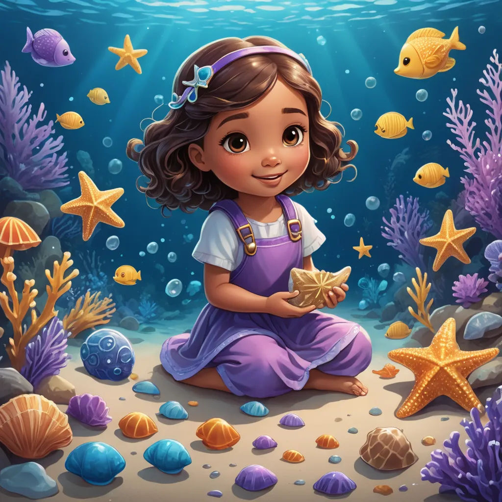 a little girl sitting on the ground in front of a sea life scene with starfish and other sea life, pop surrealism, a storybook illustration, Cliff Childs, key art