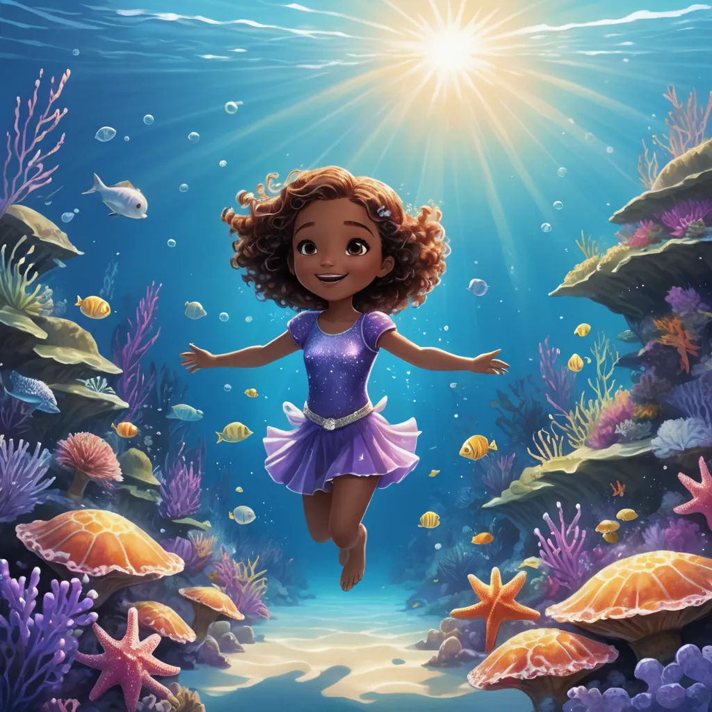 a cartoon girl is running through a sea of corals and starfishs with a starfish in her hand, magical realism, a storybook illustration, Ella Guru, promotional image