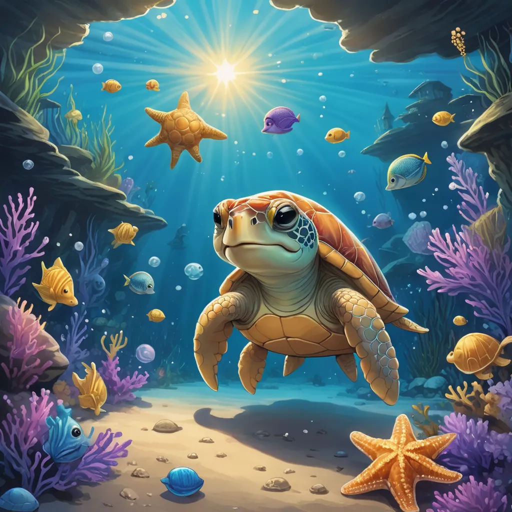 a turtle swimming in the ocean surrounded by fish and starfishs, under a cave with a sunbeam, fantasy art, an airbrush painting, Chris LaBrooy, rossdraws global illumination