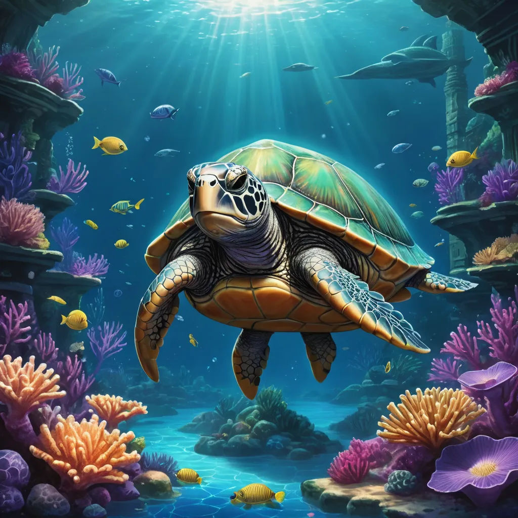 a turtle swimming in the ocean with corals and other marine life around it, with sunlight shining through the water, fantasy art, an airbrush painting, Dan Mumford, highly detailed digital painting