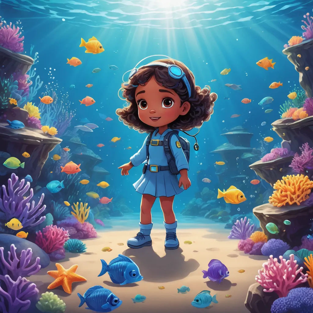 a cartoon girl standing in front of a coral reef with fish and corals around her, with a sunbeam above her, pop surrealism, a storybook illustration, Cliff Childs, promotional image