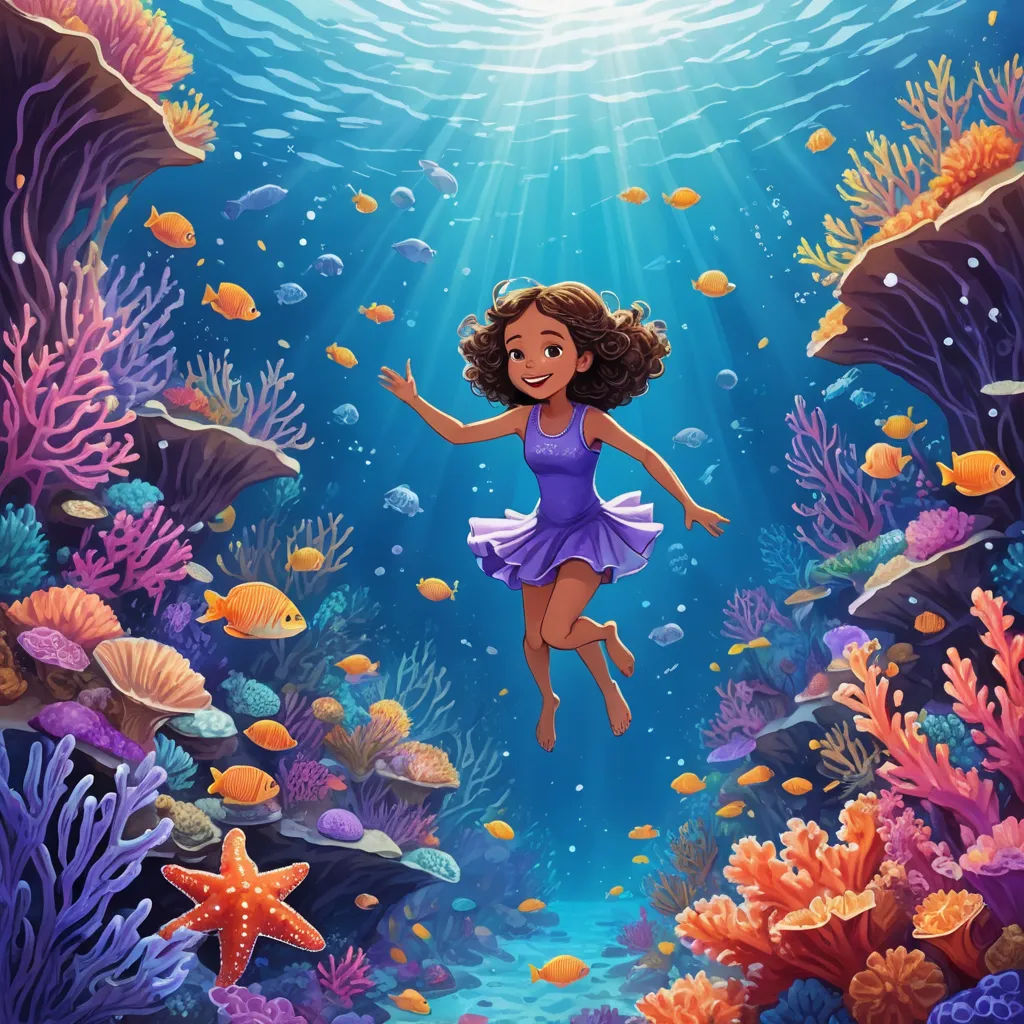 a girl in a purple dress is swimming in the ocean with fish and corals around her and a starfish, fantasy art, a storybook illustration, Cliff Childs, promotional image