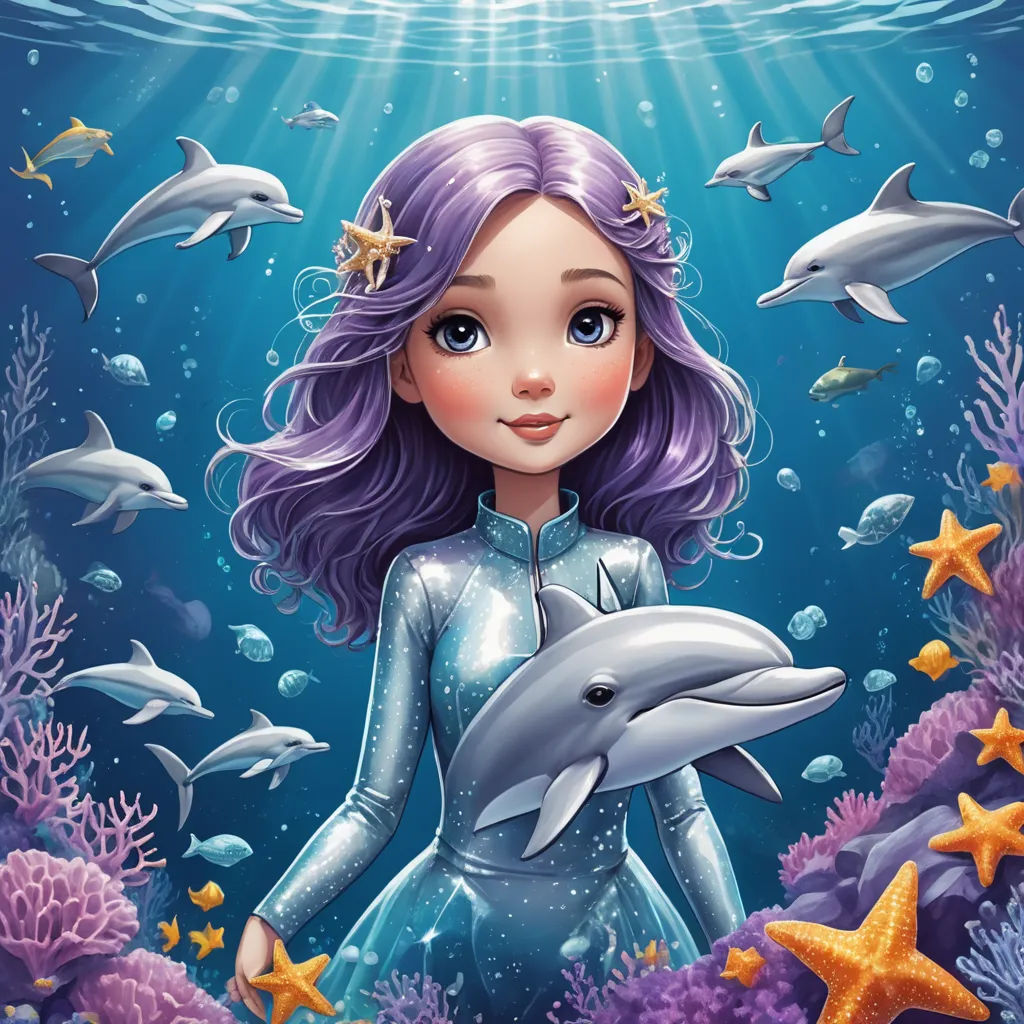 a girl in a blue dress is holding a dolphin in the ocean with dolphins and starfish around her, pop surrealism, a storybook illustration, Daphne McClure, highly detailed digital painting
