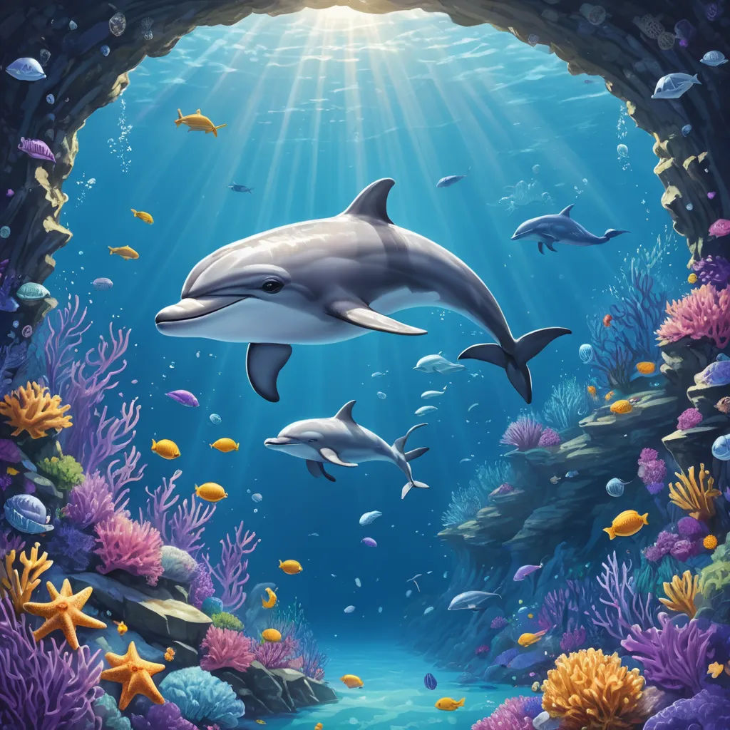 a painting of two dolphins swimming in a cave with corals and fish around them, with sunlight streaming through the water, fantasy art, an airbrush painting, David Martin, highly detailed digital painting