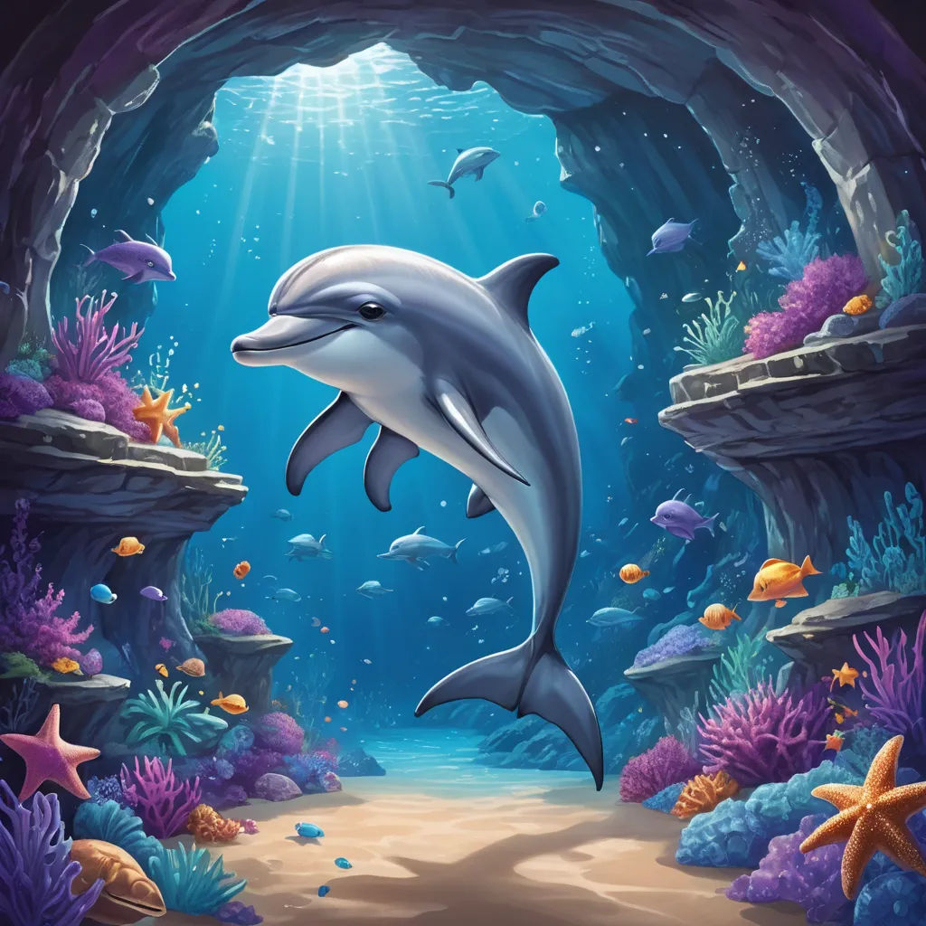 a dolphin swimming in a cave with corals and starfishs around it and a fish swimming in the water, pop surrealism, an airbrush painting, David Martin, highly detailed digital painting