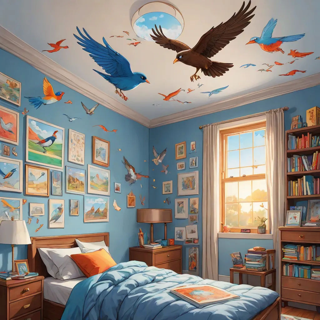a bedroom with a bed and a painting of birds on the ceiling and a window with a bird painted on it, photorealism, a storybook illustration, Chris LaBrooy, highly detailed digital painting