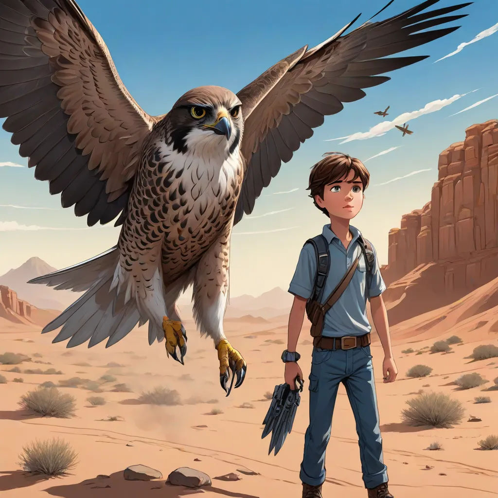a boy with a backpack and a falcon on his shoulder in the desert with a desert landscape in the background, fantasy art, poster art, Cliff Childs, 2 d game art