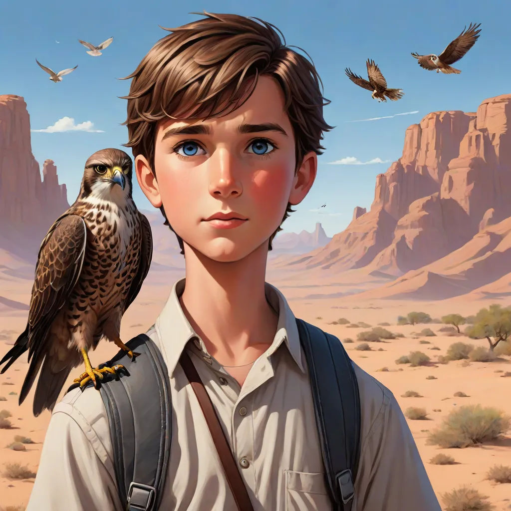 a boy with a bird on his shoulder in the desert with mountains in the background and birds flying overhead, fantasy art, poster art, Aaron Jasinski, official art