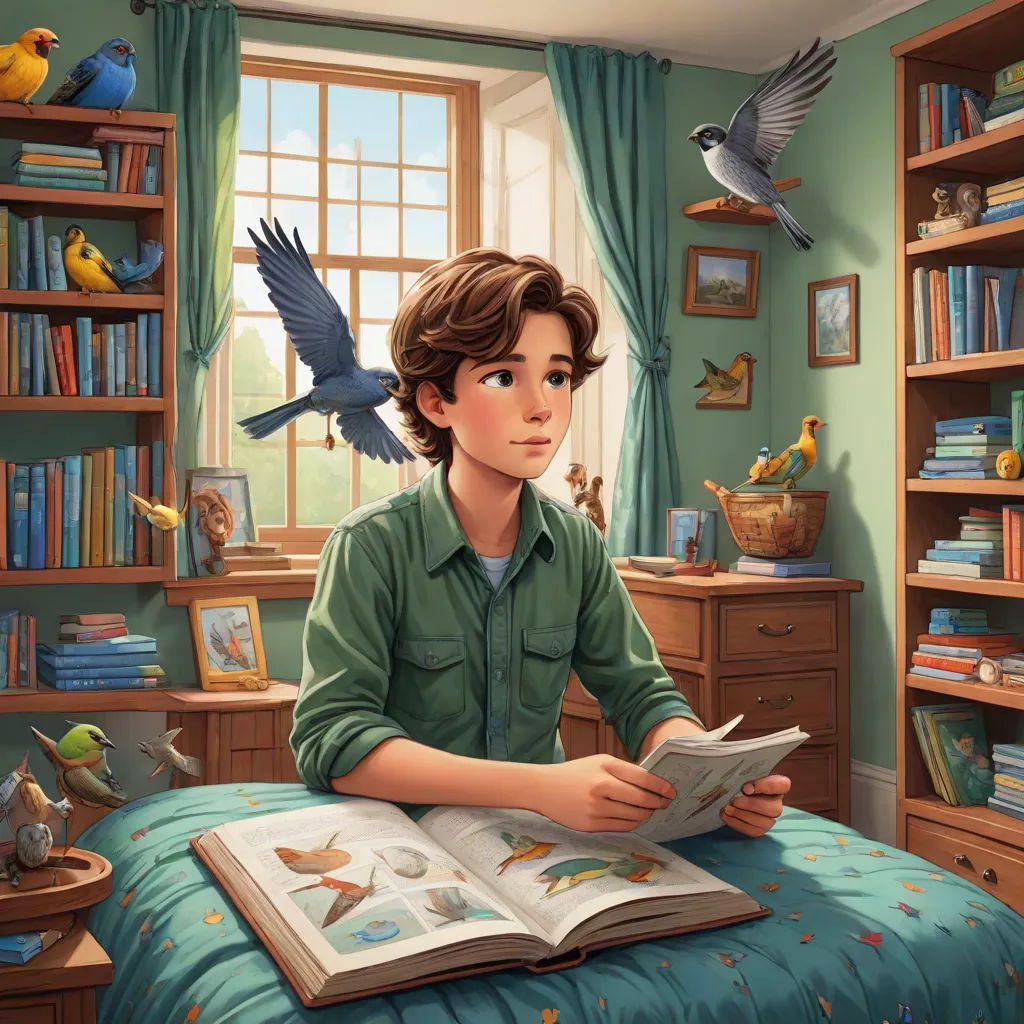a boy reading a book in a bedroom with a bird flying overhead and a bird flying above him,, fantasy art, a storybook illustration, Chris LaBrooy, storybook illustration