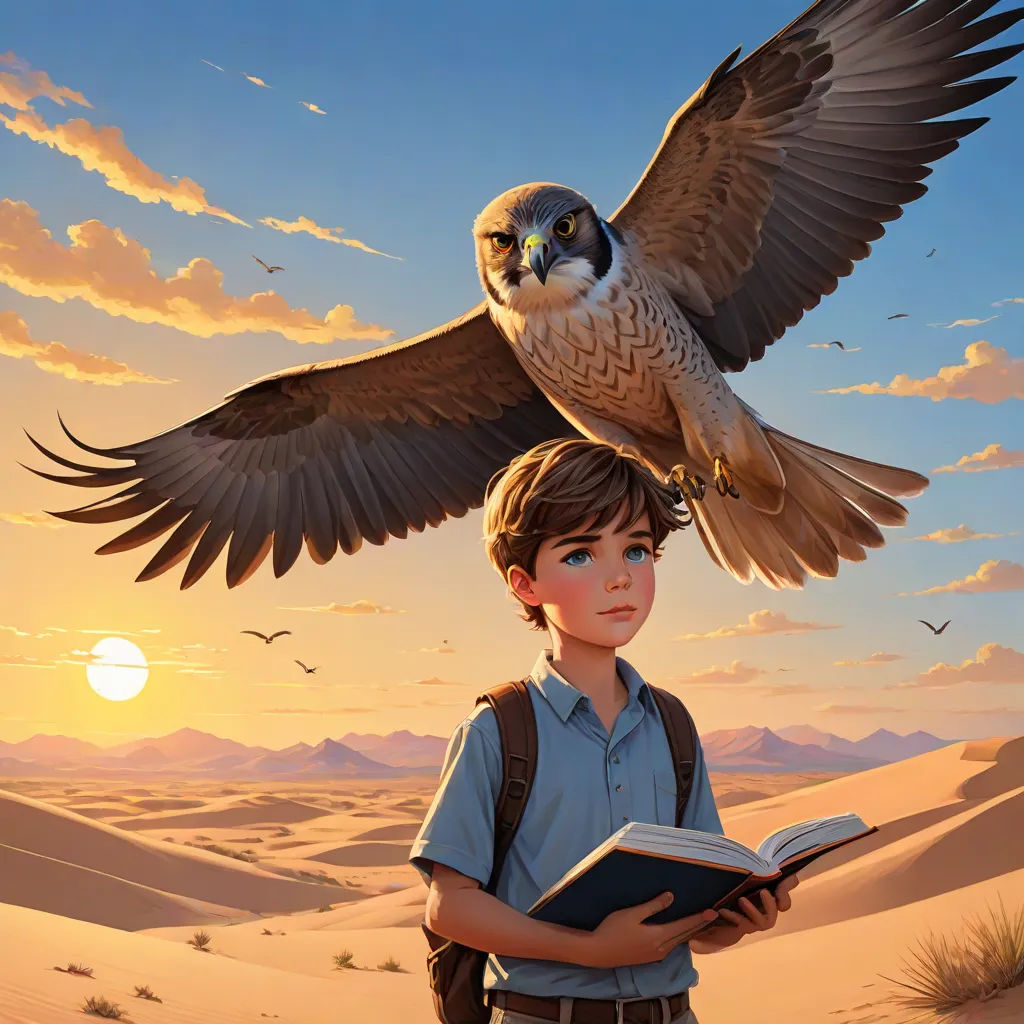 a boy is holding a book and a bird is flying above him in the desert with a sunset in the background, fantasy art, a storybook illustration, Chris LaBrooy, rossdraws global illumination