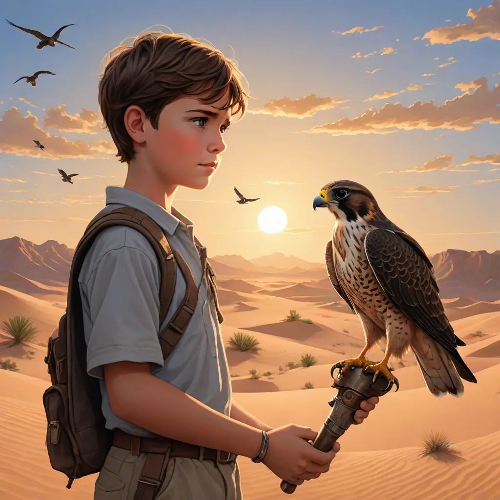 a boy holding a falcon in the desert at sunset with birds flying around him and a bird on his arm, fantasy art, a detailed painting, Aaron Jasinski, official art