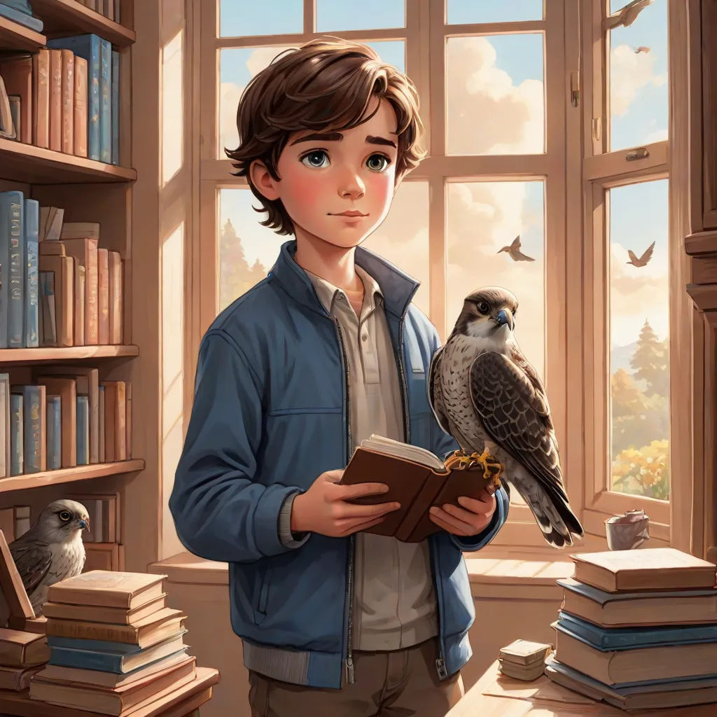 a boy holding a book and a falcon in front of a window with books on the shelves and a bird on his arm, fantasy art, a storybook illustration, Aaron Jasinski, kinkade