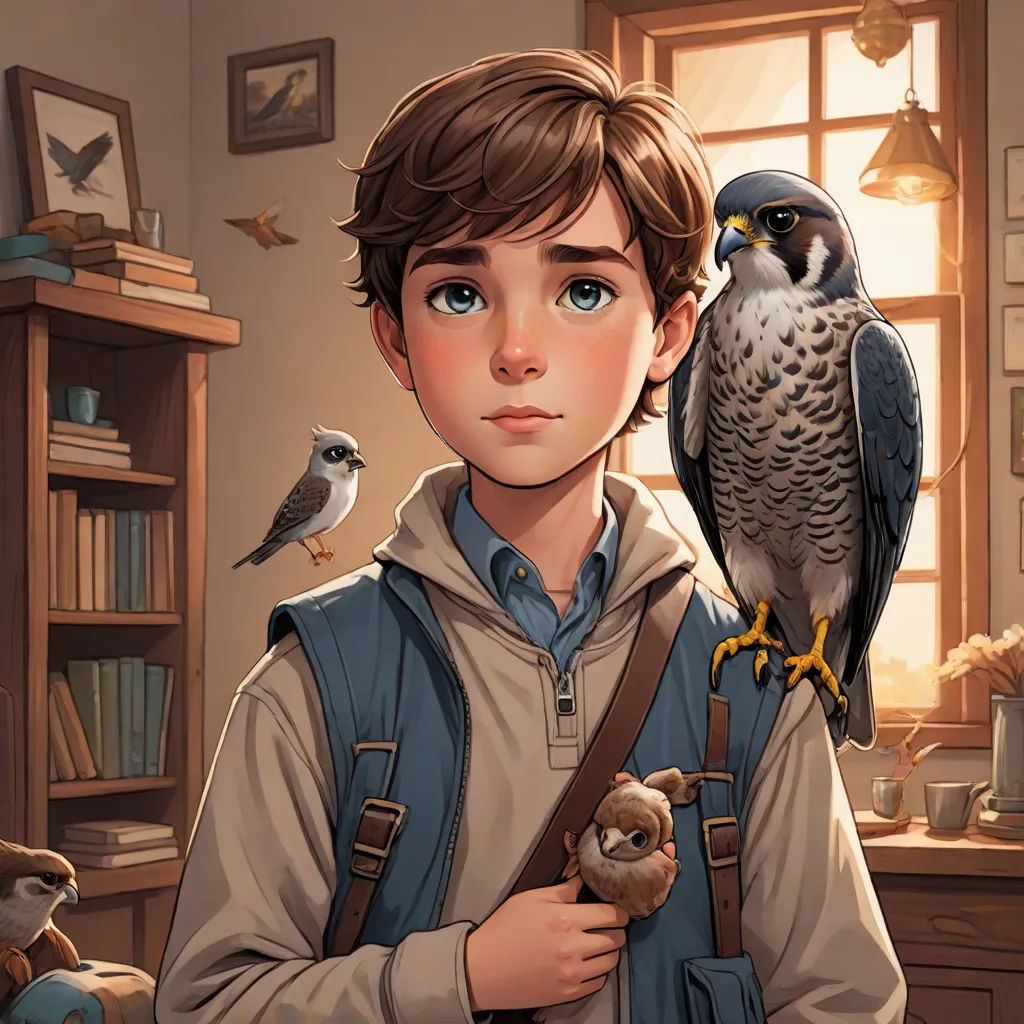 a boy holding a bird in his hands and a bird on his shoulder in front of him, in a room with a window, fantasy art, a storybook illustration, Cliff Childs, rossdraws global illumination