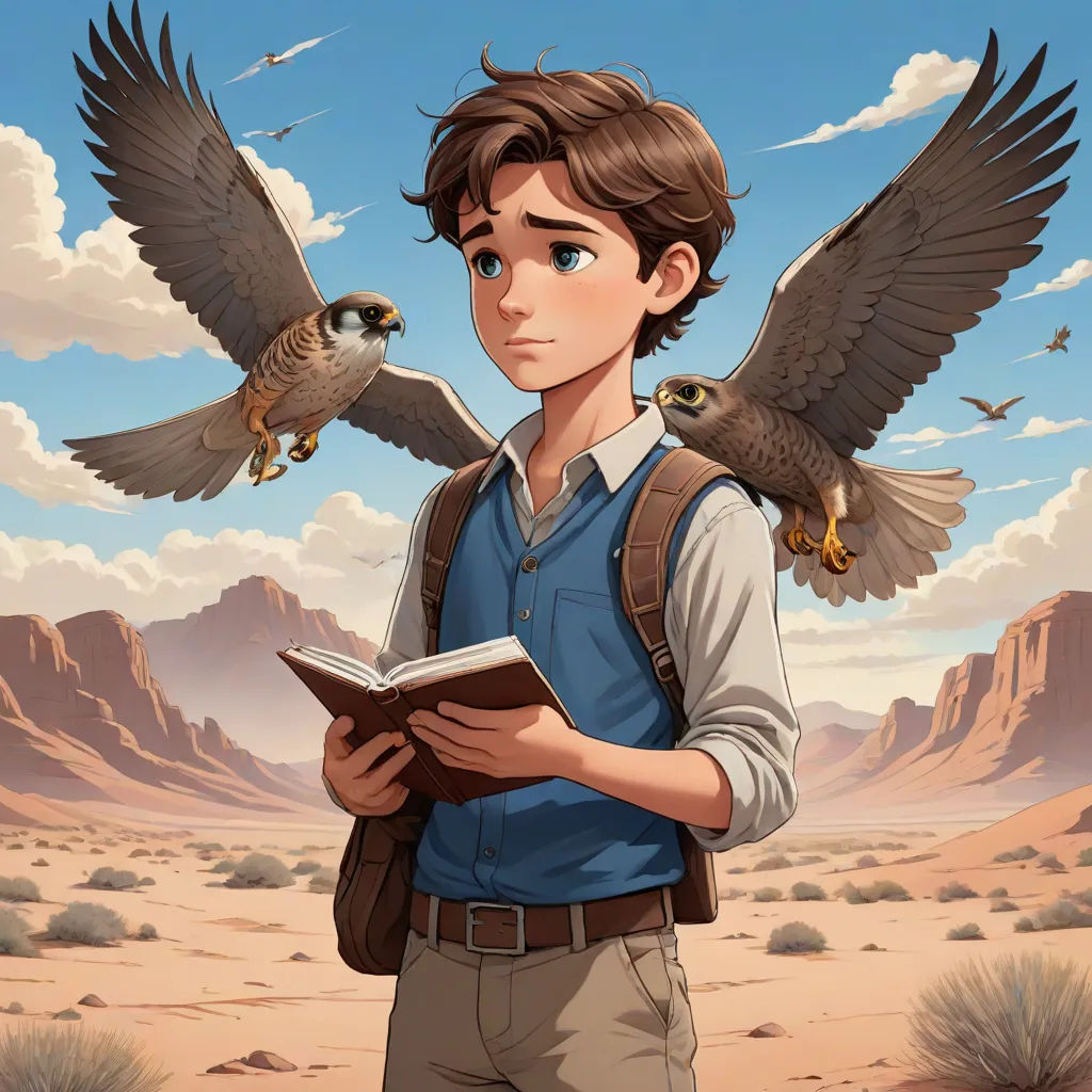 a boy with a book and two birds on his shoulders, standing in the desert with a book in his hands, fantasy art, a character portrait, Cliff Childs, official art