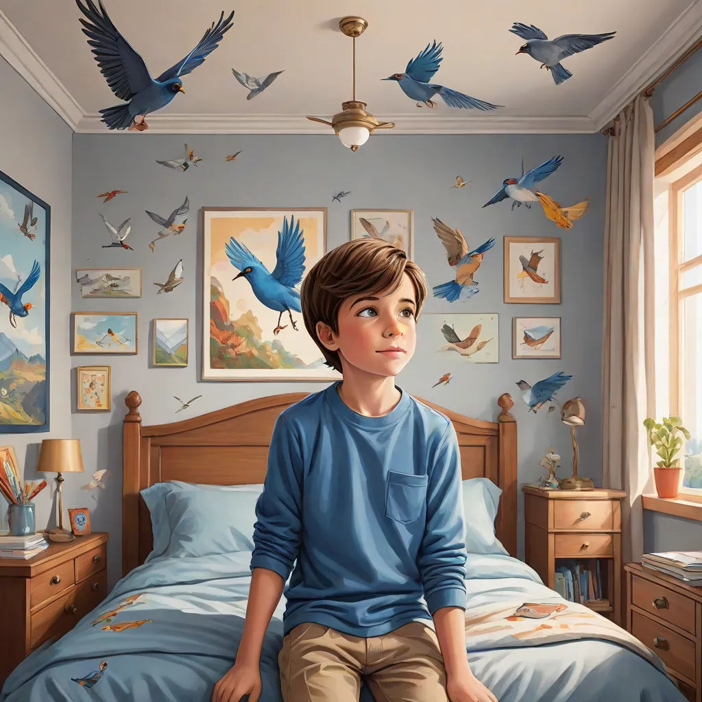 a boy sitting on a bed in a bedroom with birds on the wall above him and a painting of birds above him, american scene painting, a storybook illustration, Aaron Jasinski, highly detailed digital painting