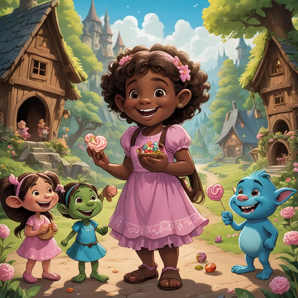 a cartoon girl holding a cupcake with three other children in front of her and a house with a garden, fantasy art, a storybook illustration, Chris LaBrooy, promotional image