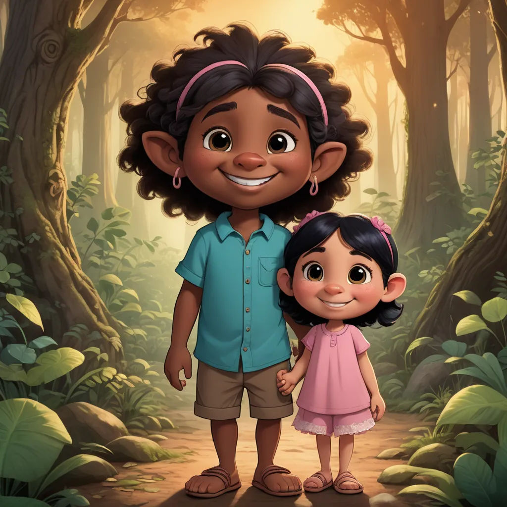 a cartoon character and a girl standing in a forest with trees and plants behind them, both smiling at the camera, furry art, a storybook illustration, Ella Guru, promotional image