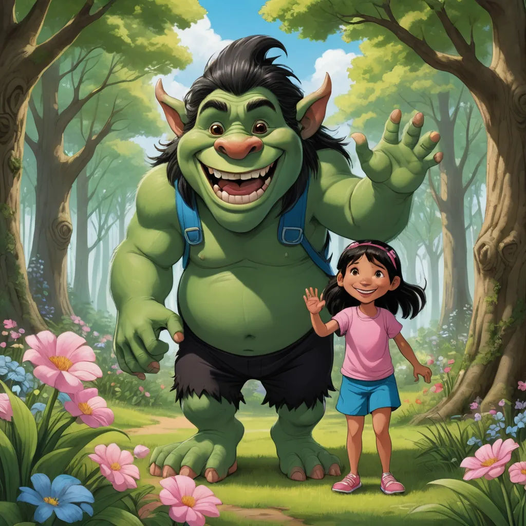 a girl standing next to a giant monster in a forest with flowers and trees in the background, with a large green monster with a pink shirt on its chest, furry art, a storybook illustration, Brom, official art