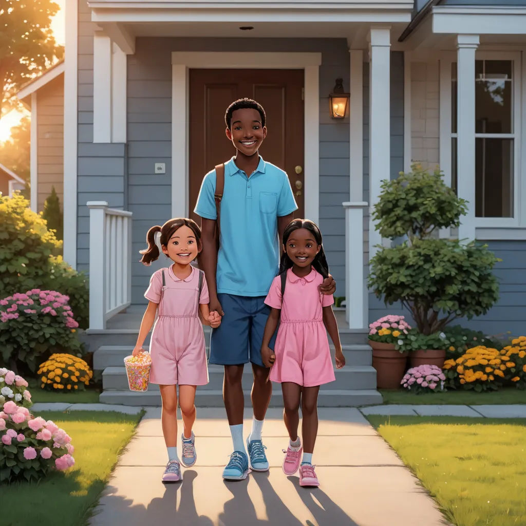 a man and two children standing in front of a house with flowers in the front yard and a light blue house, american scene painting, a storybook illustration, Chris LaBrooy, promotional image