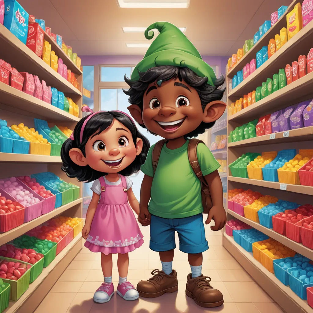a cartoon boy and girl standing in a store aisle with shelves full of goods and boxes of candy and candy, lyco art, a storybook illustration, Eddie Mendoza, storybook illustration