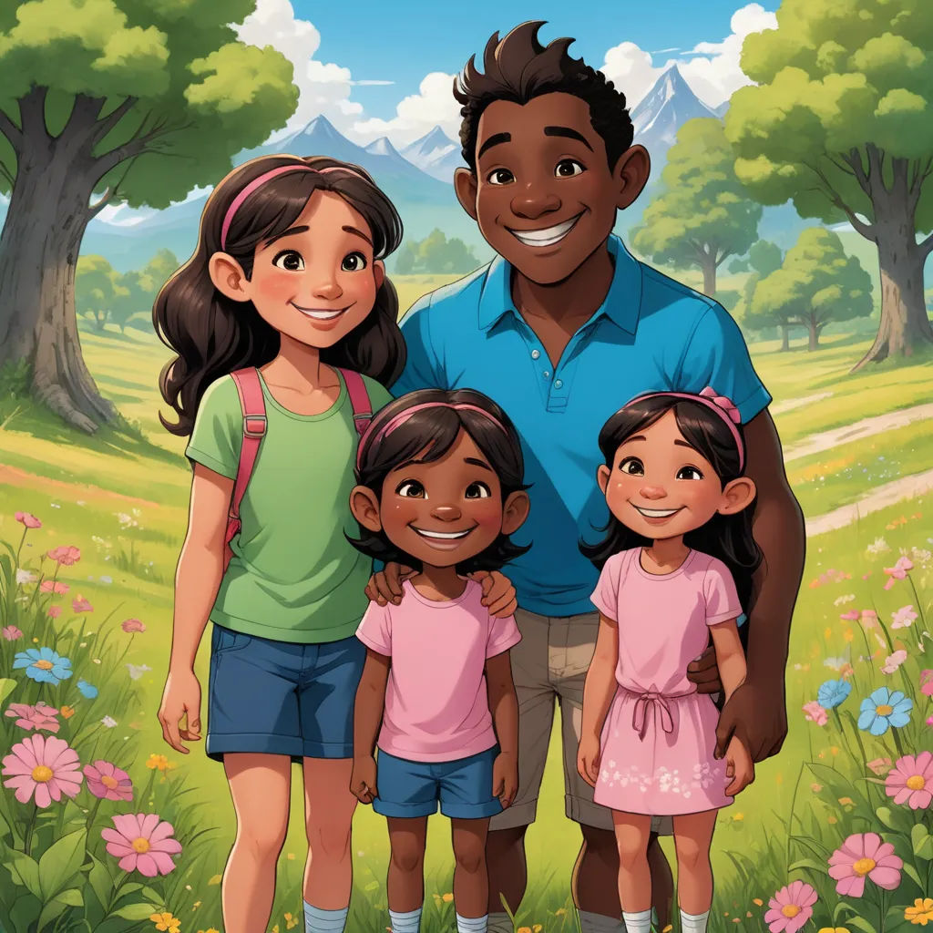 a man and two children standing in a field with flowers and trees in the background, with a mountain in the background, lyco art, a storybook illustration, Ella Guru, official art