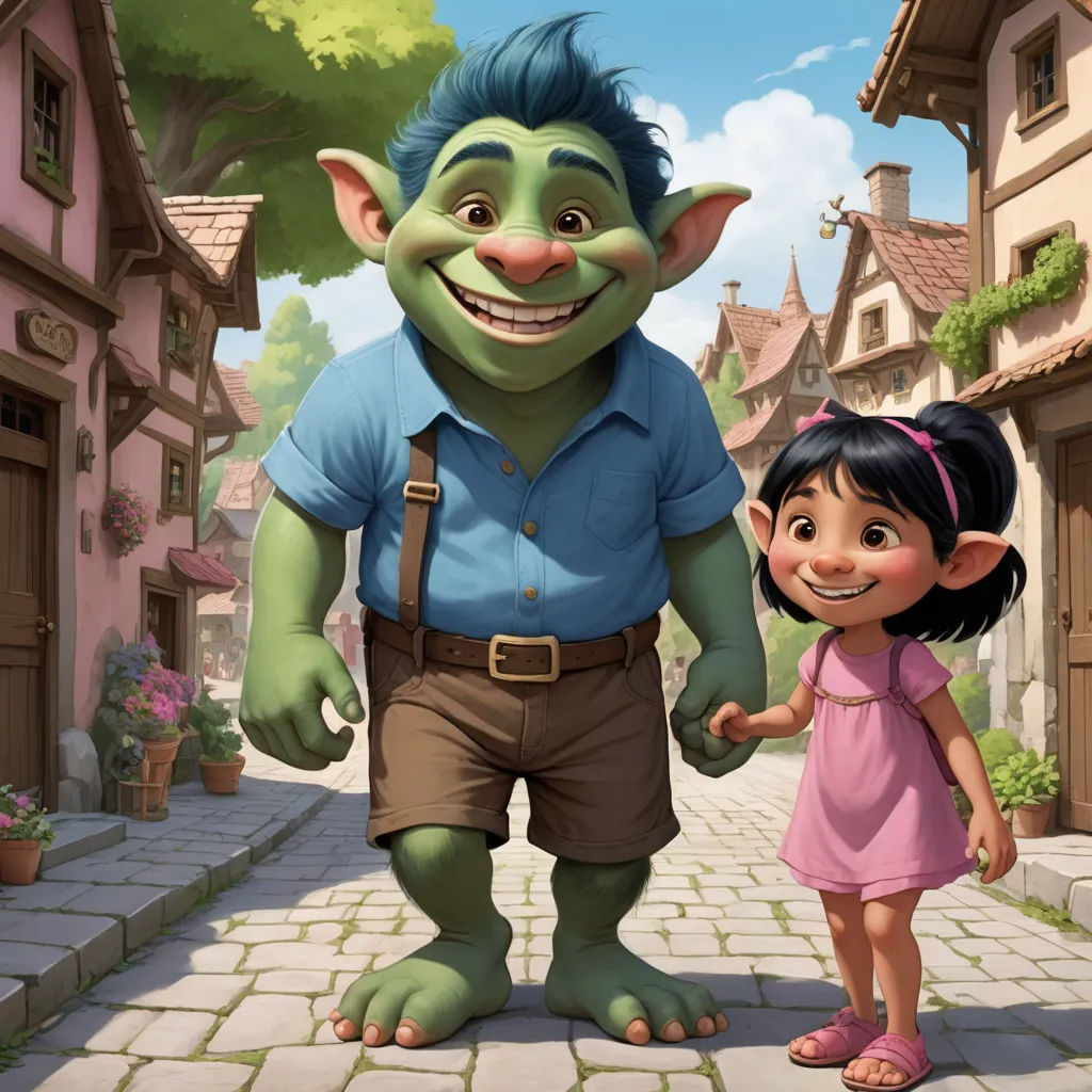a cartoon character and a little girl walking down a street together in front of a house with a tree, furry art, concept art, Eddie Mendoza, promotional image