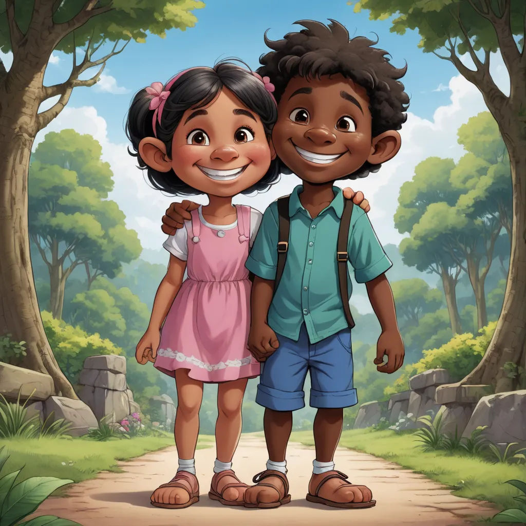 a boy and a girl standing in the middle of a forest with a path leading to a stone wall, lyco art, a storybook illustration, Ella Guru, promotional image