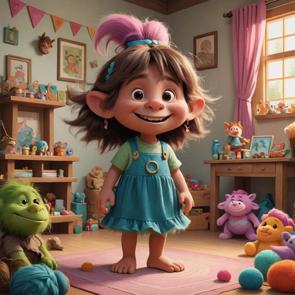 a cartoon character standing in a room with toys around her and a rug on the floor with a smiling girl, photorealism, a 3D render, Eddie Mendoza, cgstudio