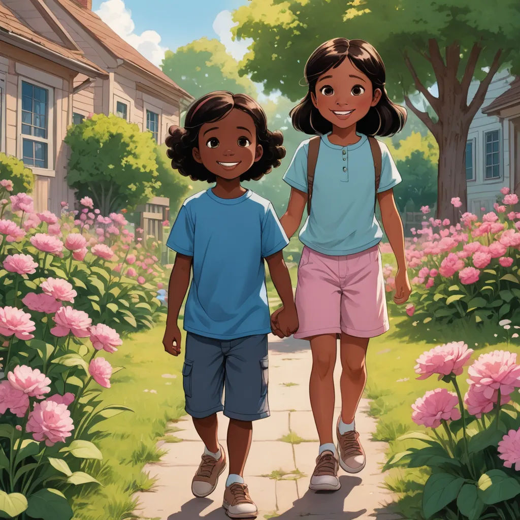 a couple of kids walking down a sidewalk next to a lush green field of flowers and trees with pink flowers, american scene painting, a storybook illustration, disney, official art