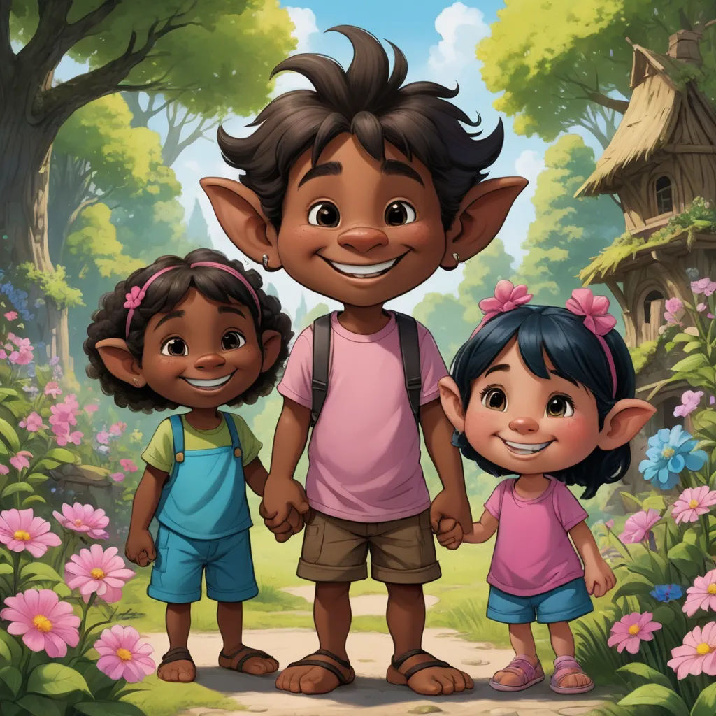 a cartoon of a couple of kids standing next to each other in a forest with flowers and a house, furry art, a storybook illustration, Cliff Childs, promotional image