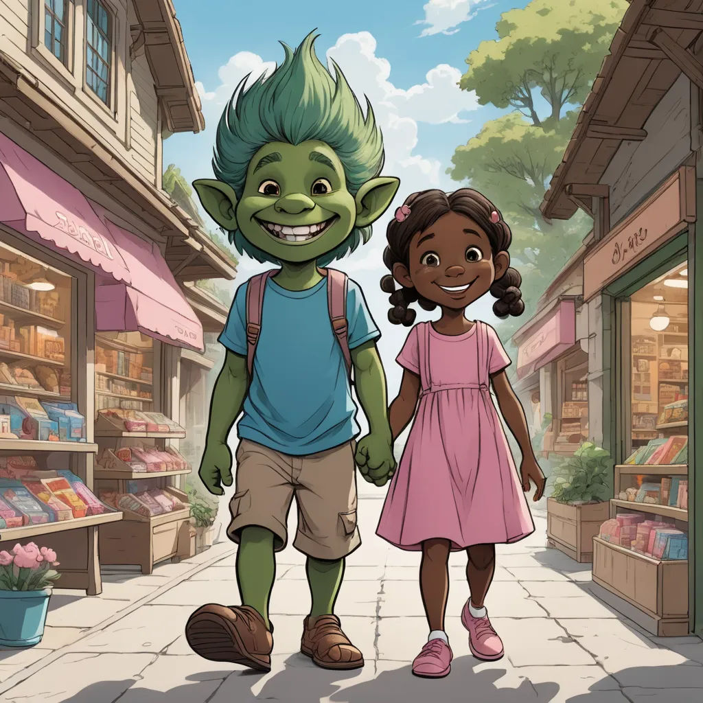 a cartoon of a girl and a boy walking down a street together holding hands and smiling at each other, fantasy art, a storybook illustration, Chris LaBrooy, promotional image