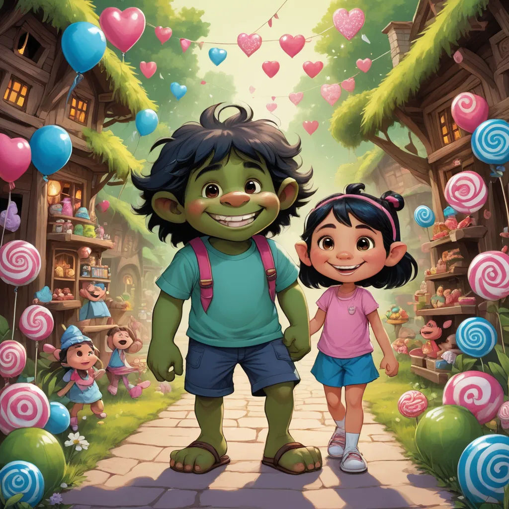 a cartoon of a girl and a monster walking down a street with candy lollipops in the background, fantasy art, a storybook illustration, Eddie Mendoza, promotional image