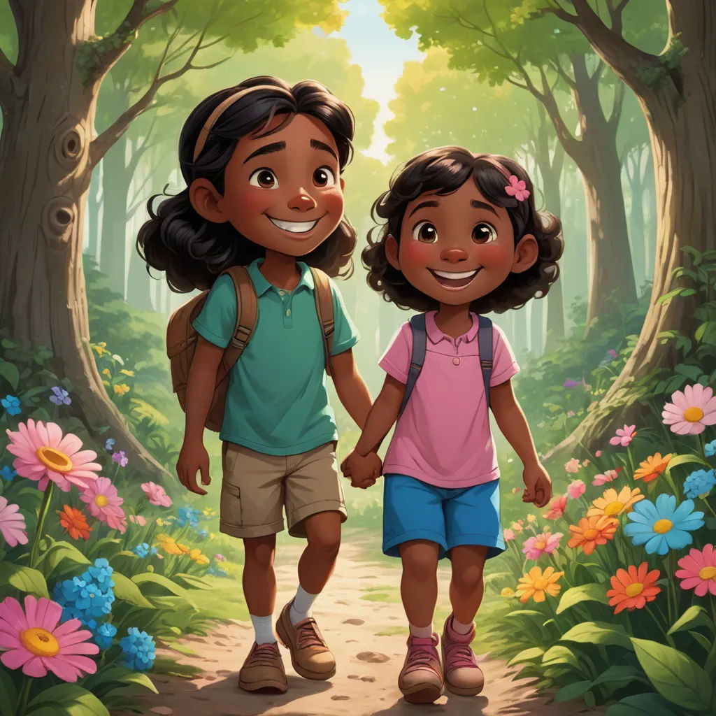 a couple of kids walking down a forest path holding hands and smiling at the camera with a forest background, serial art, a storybook illustration, Ella Guru, comic cover art