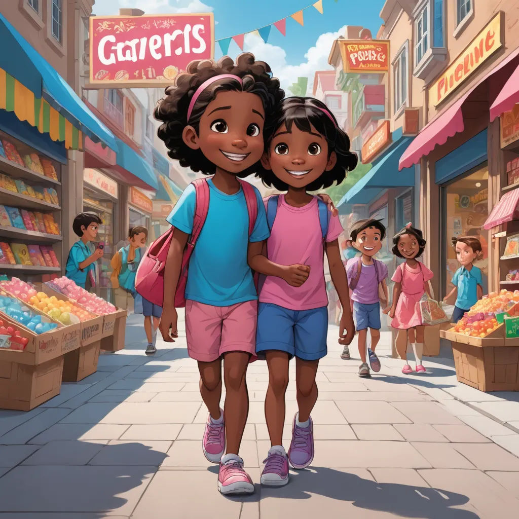 a couple of kids walking down a street next to a store front with a sign that says garrets, american scene painting, a storybook illustration, Ella Guru, official art