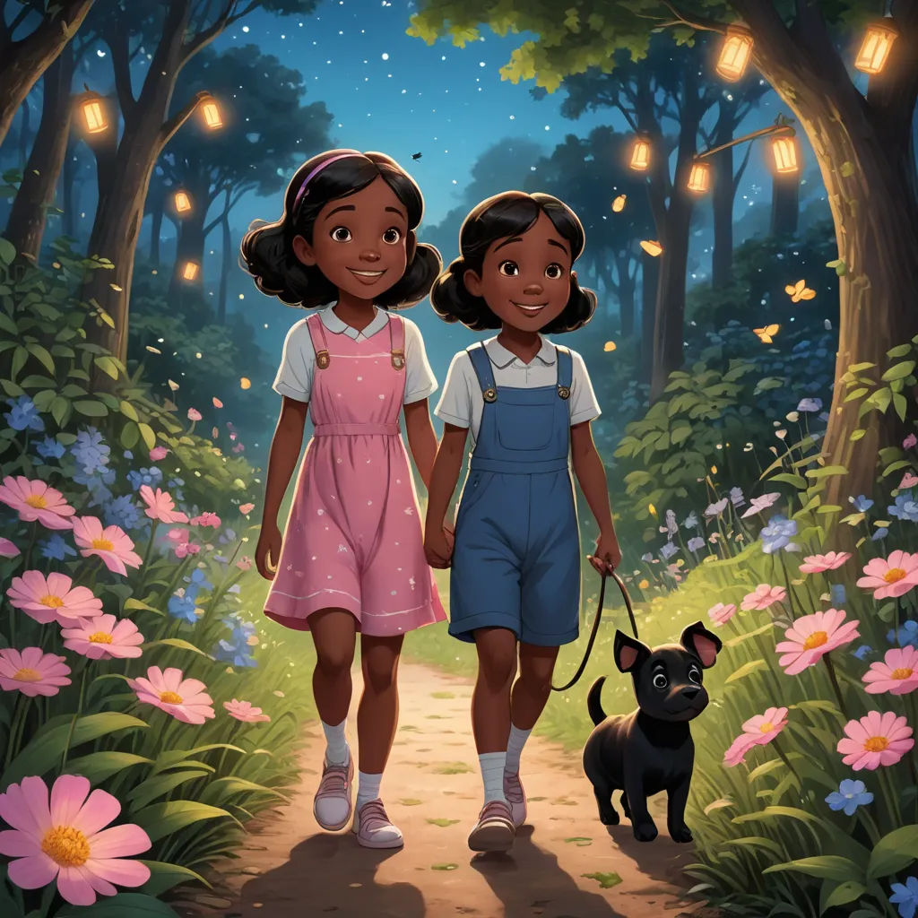 two children walking a dog through a forest at night with lanterns on the trees and flowers all around them, magical realism, a storybook illustration, Ella Guru, official art