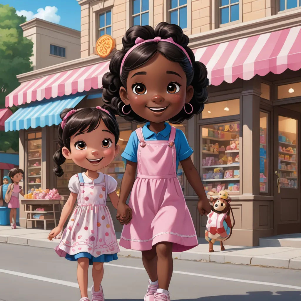 a cartoon of two girls walking down a street holding hands and smiling at the camera, with a store in the background, american scene painting, a storybook illustration, disney, official art