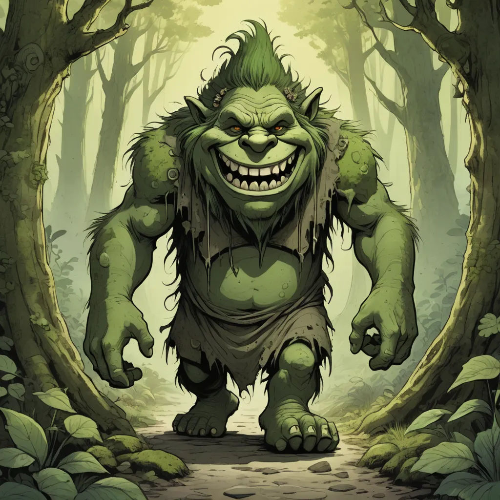 a cartoon of a troll in a forest with trees and leaves around him, with a big grin on his face, altermodern, concept art, Alex Horley, magic the gathering artwork