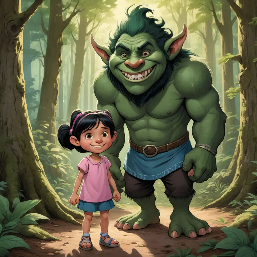a cartoon of a girl and a troll in the woods with a forest background and a forest scene with trees, fantasy art, a storybook illustration, Brom, magic the gathering artwork