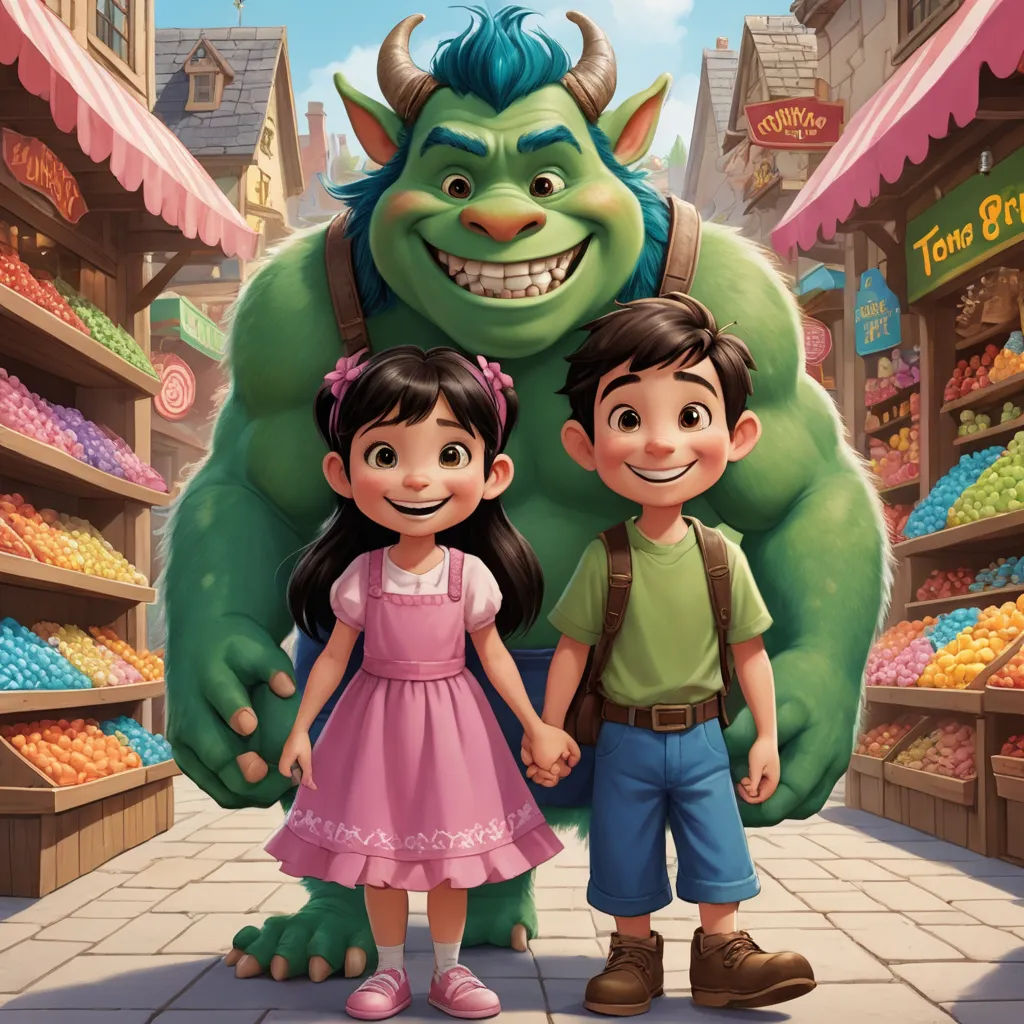 a cartoon of a boy and girl standing in front of a giant green monster in a grocery store with a storefront, sots art, a storybook illustration, disney, promotional image