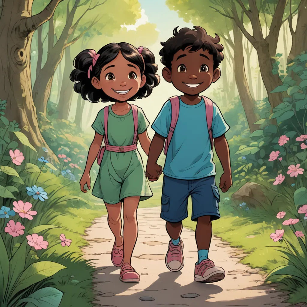 a couple of kids walking down a path in the woods together holding hands and smiling at the camera with a forest background, hurufiyya, a storybook illustration, Ella Guru, official art