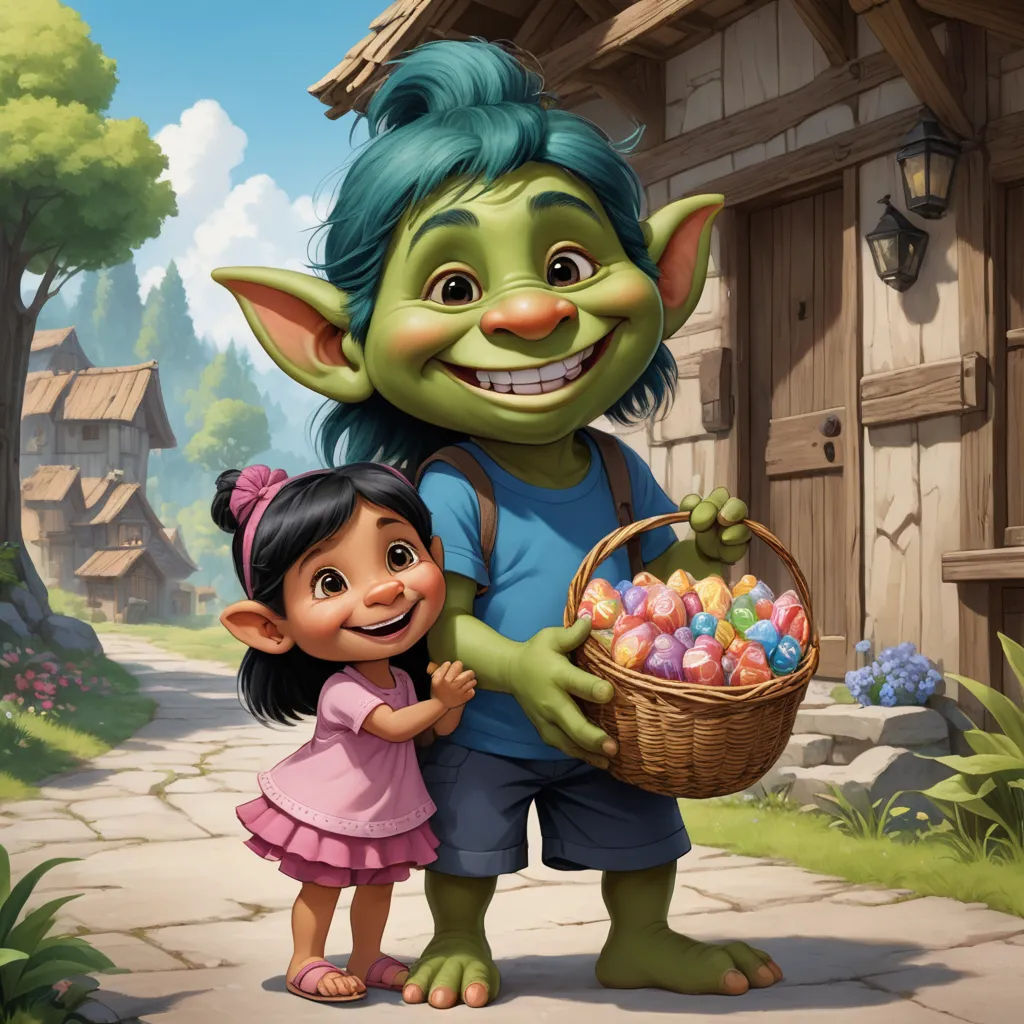 a cartoon character holding a basket of eggs next to a little girl in a pink dress and a house, fantasy art, a storybook illustration, Brom, official art